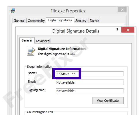 Screenshot of the RSSBus Inc. certificate